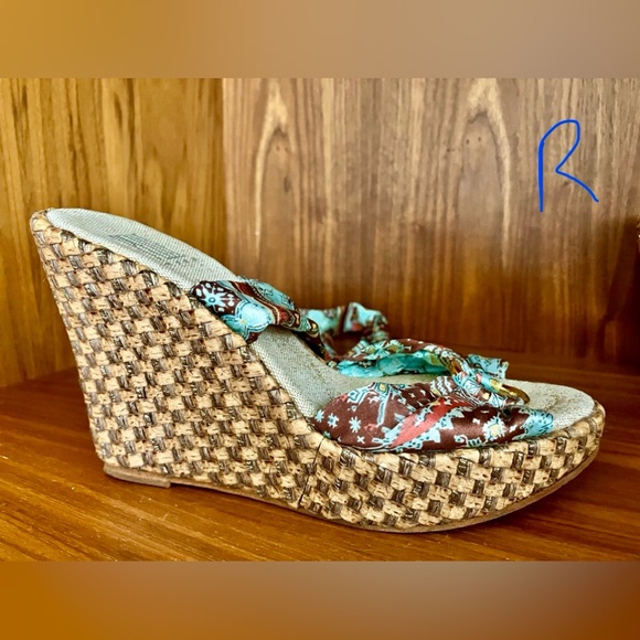 EUC VTG PELLE MODA Printed Scarf Tie Wedge Espadrilles 6.5 Aqua/Rust Brown/Gold - Picture 6 of 16